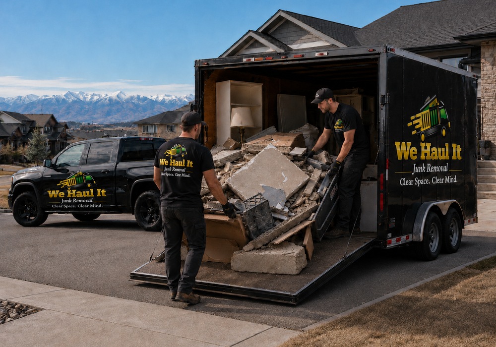 We Haul It logo on truck, trailer, and crew shirt in About section